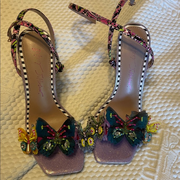 Betsey Johnson Shoes - Betsey Johnson Pink Multicolor Butterfly Embellished Heels